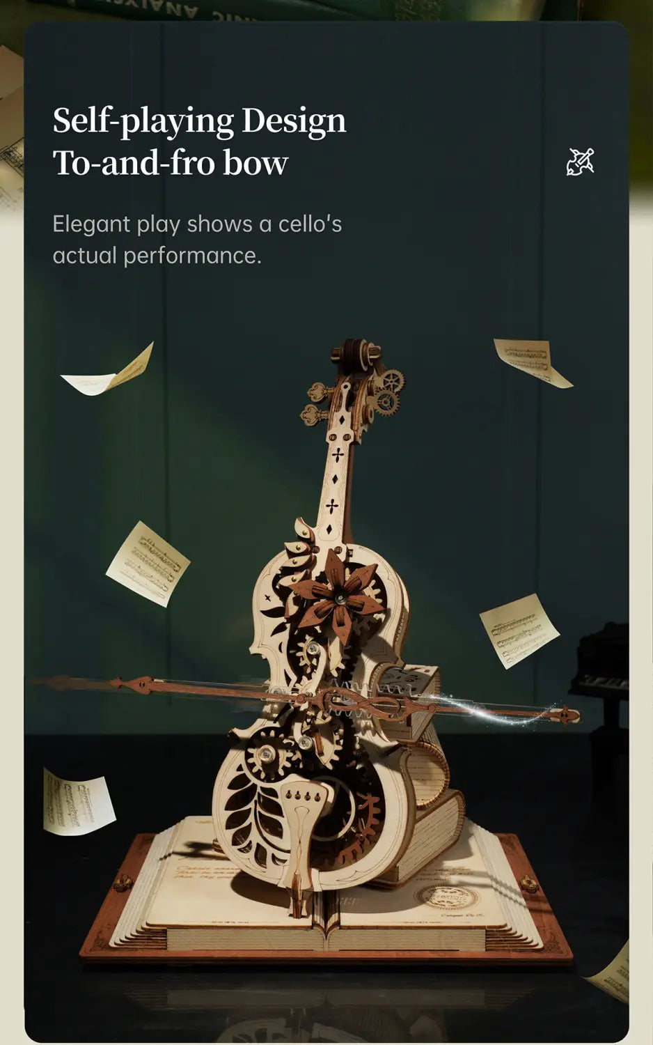 Retro Cello Music Box Puzzle with European Engraving and Floral Detail