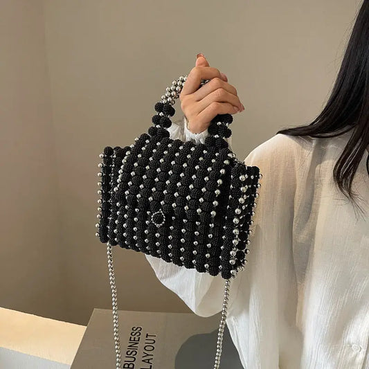 Chic Beaded Weave Pearl Bag - Black