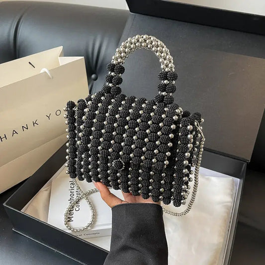 Chic Beaded Weave Pearl Bag - Black