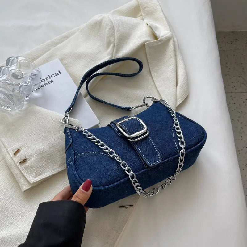 Chic Chain Canvas Crossbody - Dark Blue