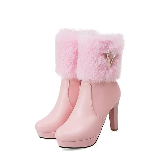 Chic Frost: Women’s Chunky Heel Winter Booties - Pink / 34
