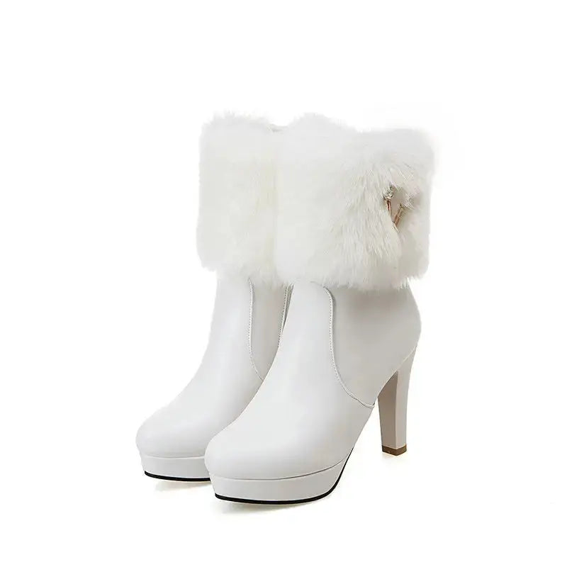 Chic Frost: Women’s Chunky Heel Winter Booties - White / 34