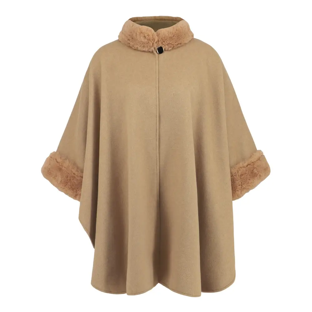 Chic Fur Collar Cape - Mid-Length Fashion Statement - Khaki / F