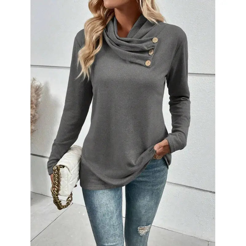 Gray cowl neck buttoned sweater.