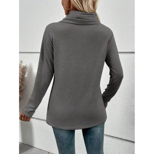 Gray cowl neck long-sleeved top.