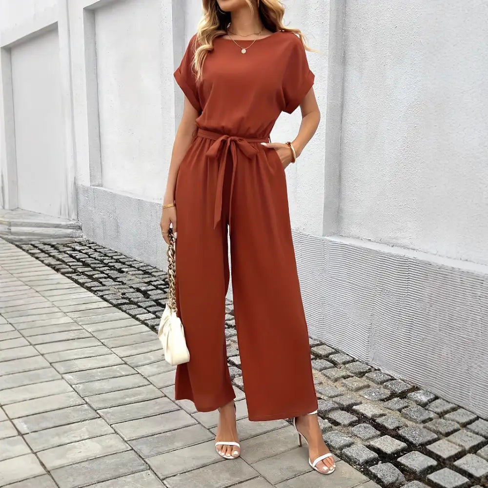 ChicBelted Round Neck Jumpsuit for Women - Brickred / S - 4