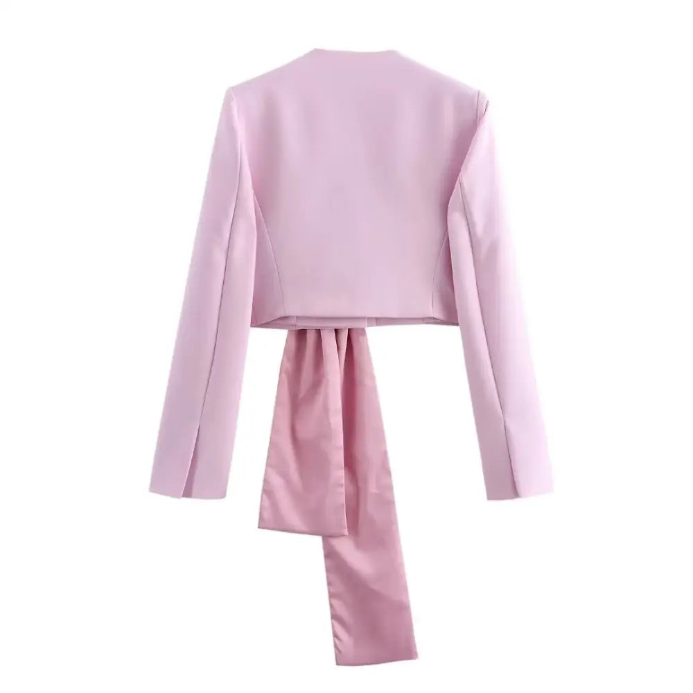 Lilac cropped blazer with tie.