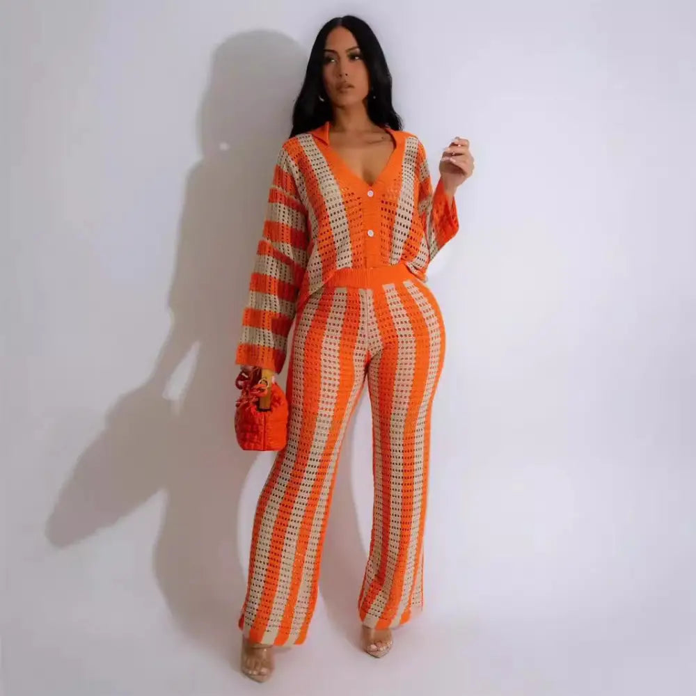 ChicCut Cozy: 2-Piece Sweater & Wide Leg Set - Orange / S