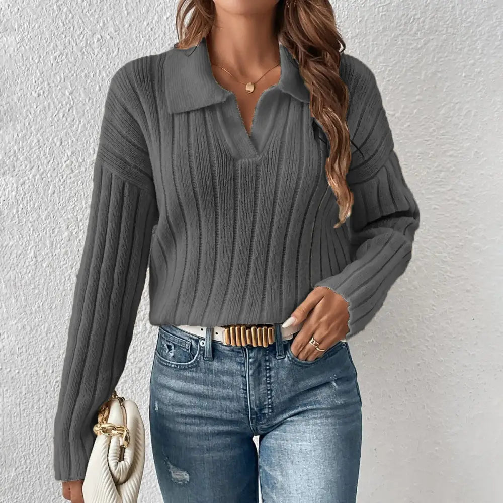 ChicEase Women’s Polo Sweater - Dark Gray / S
