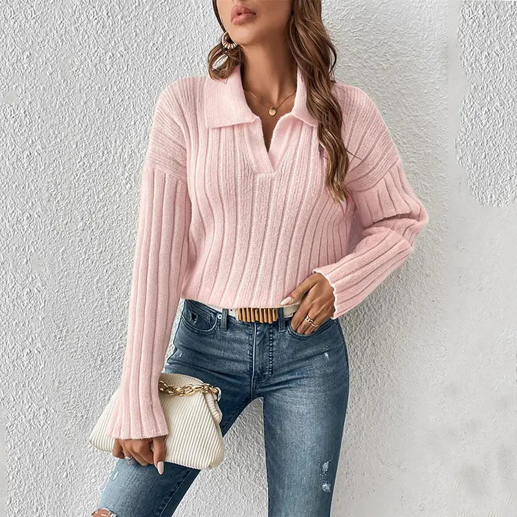 ChicEase Women’s Polo Sweater - Pink / S