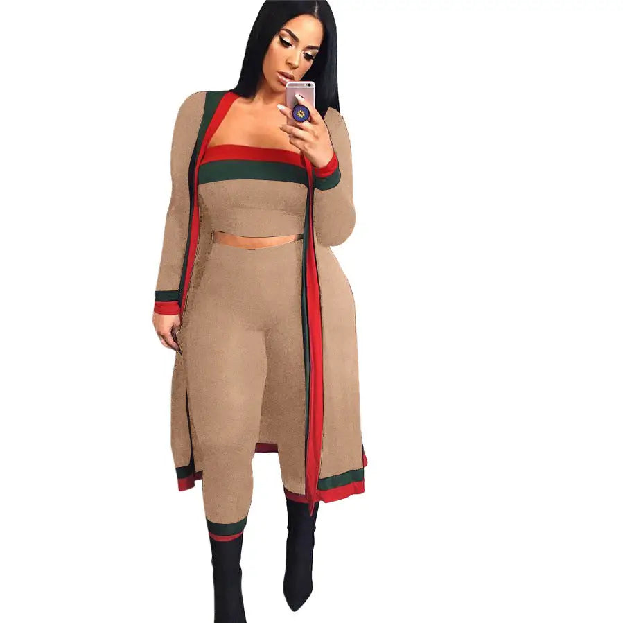 ChicFlex: Women’s 3-Piece Casual Tracksuit Set - Khaki / L