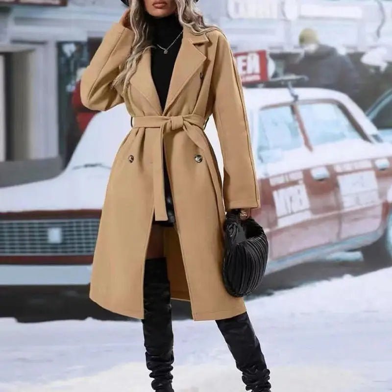 ChicLap: Double-Breasted Belted Winter Trench - Khaki / S