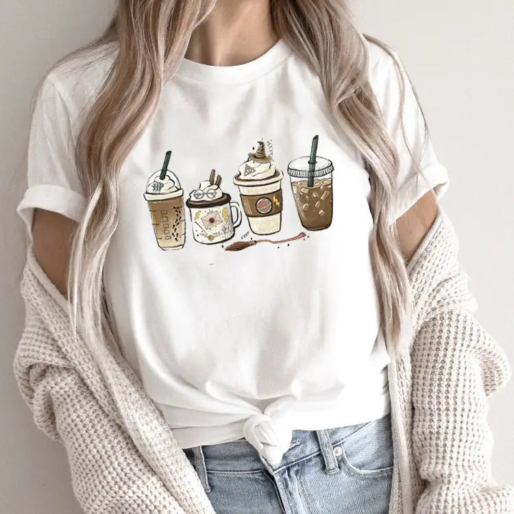 White t-shirt with coffee-themed graphic.