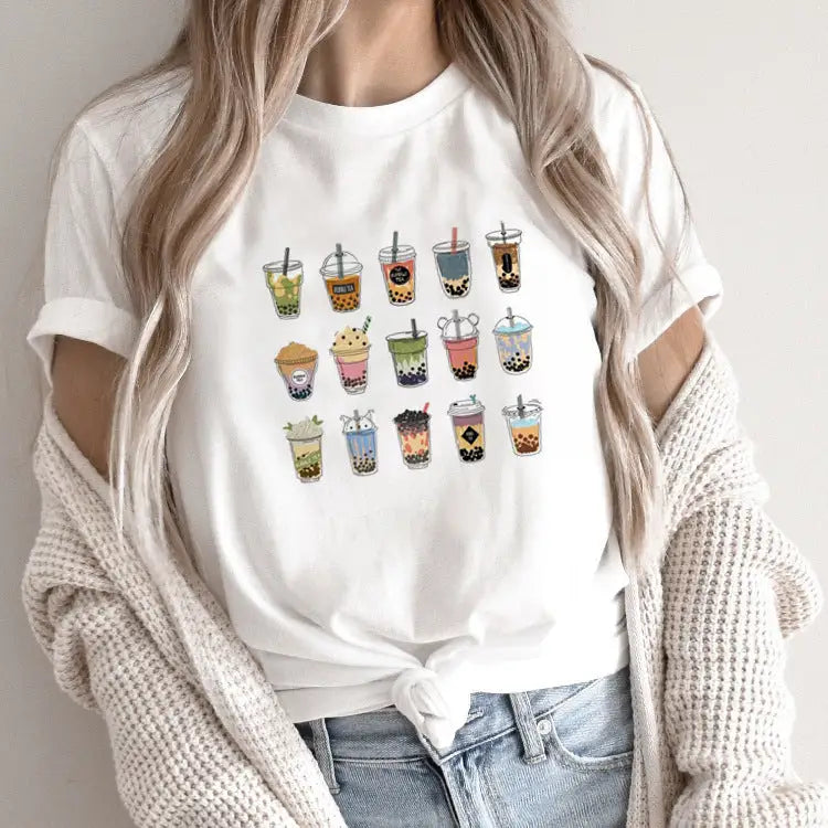White t-shirt with boba tea illustrations.