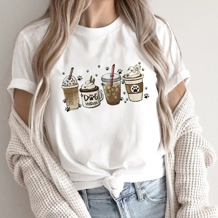 White t-shirt with coffee and dog-themed design.