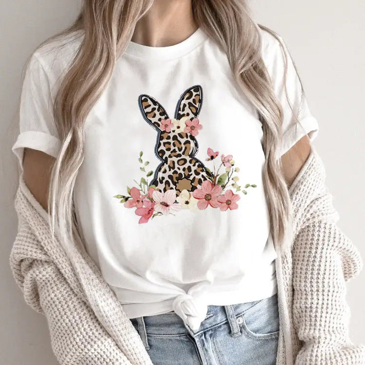 White t-shirt with leopard print bunny and floral design.
