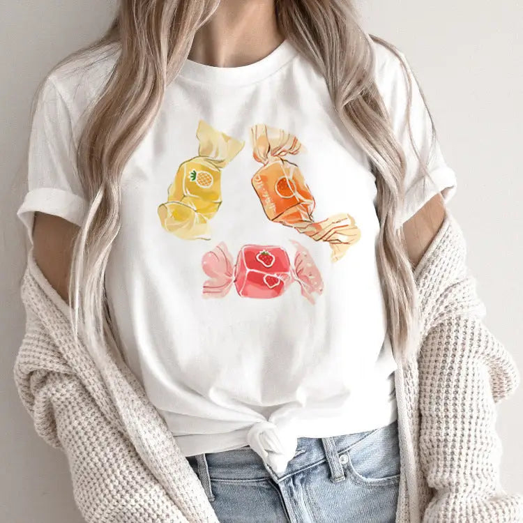 White t-shirt with candy illustration.