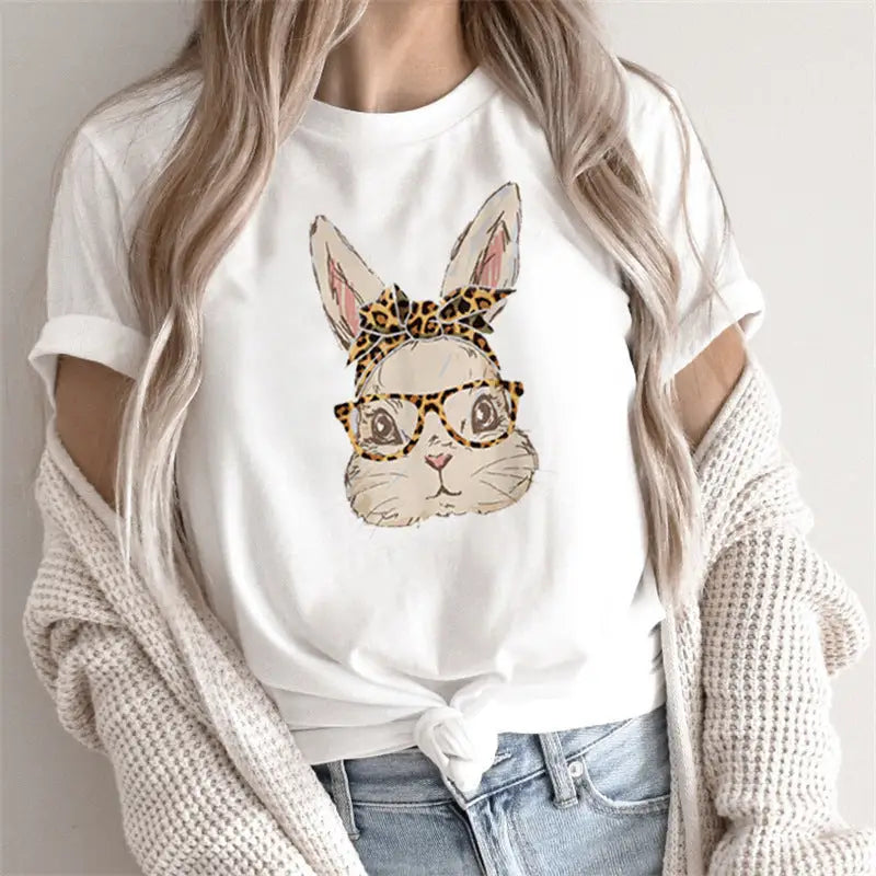 White t-shirt with bunny graphic.