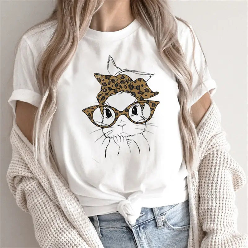 White t-shirt with bunny graphic.