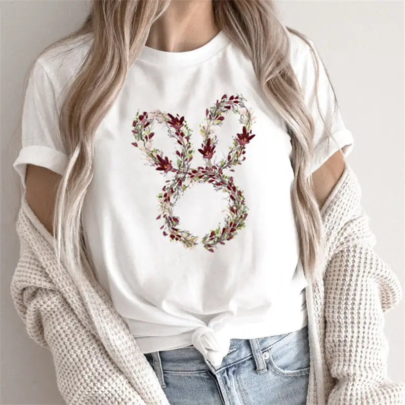 White t-shirt with floral bunny design.
