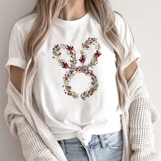White t-shirt with floral bunny design.