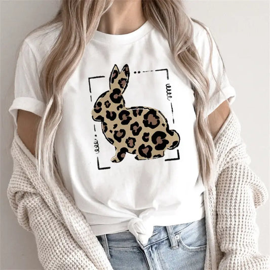 White t-shirt with leopard print bunny design.