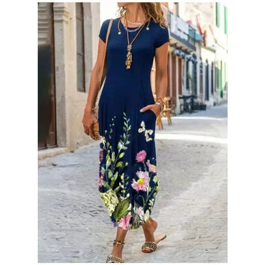 ChicPrint Round Neck Pocket Dress - Navy Blue / S