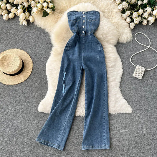 ChicSpring High Waist Denim Tube Jumpsuit