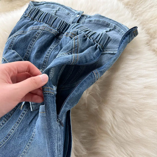 ChicSpring High Waist Denim Tube Jumpsuit
