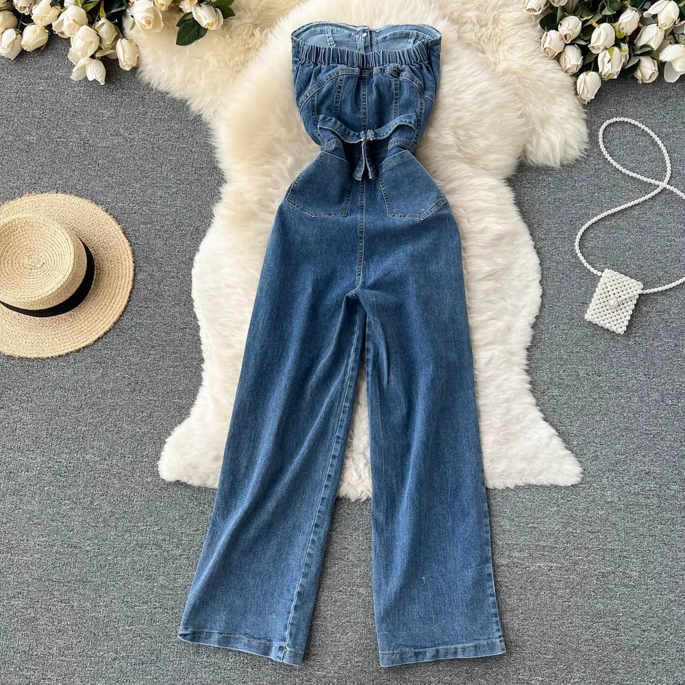 ChicSpring High Waist Denim Tube Jumpsuit