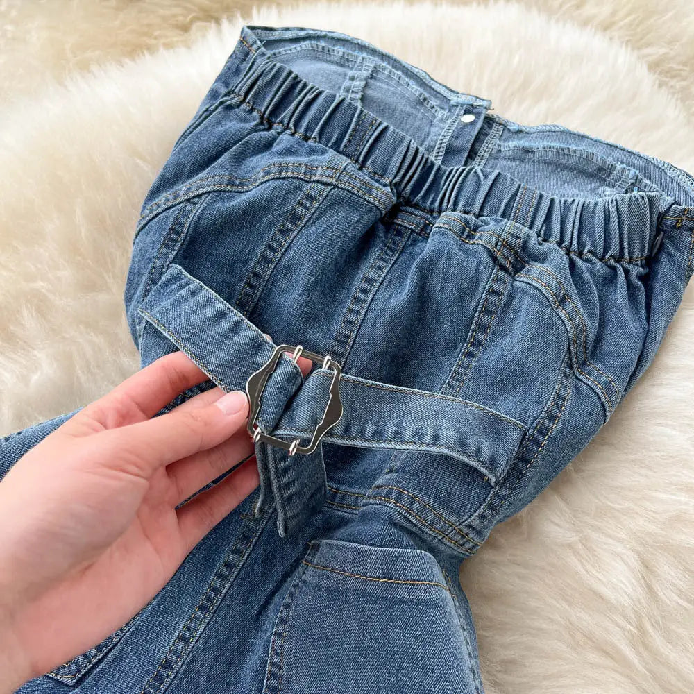 ChicSpring High Waist Denim Tube Jumpsuit