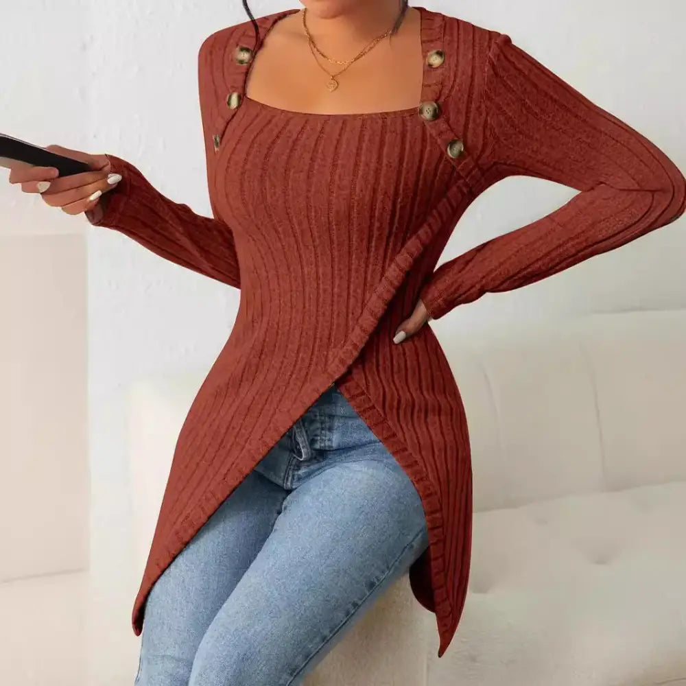 ChicSquare Knit: Women’s Buttoned Long Sleeve Top