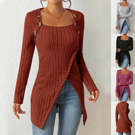 ChicSquare Knit: Women’s Buttoned Long Sleeve Top