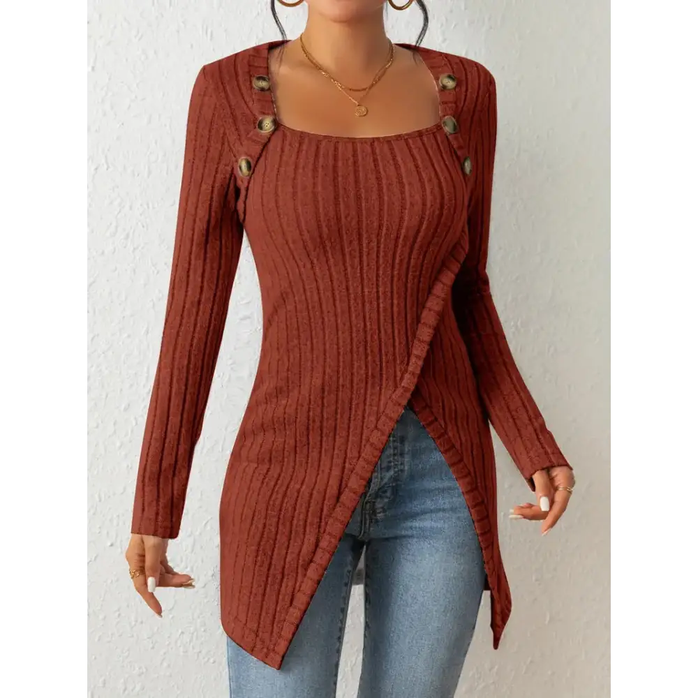 ChicSquare Knit: Women’s Buttoned Long Sleeve Top - Chocolate / S