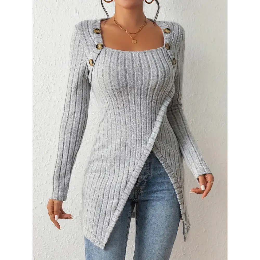 ChicSquare Knit: Women’s Buttoned Long Sleeve Top - Gray / S