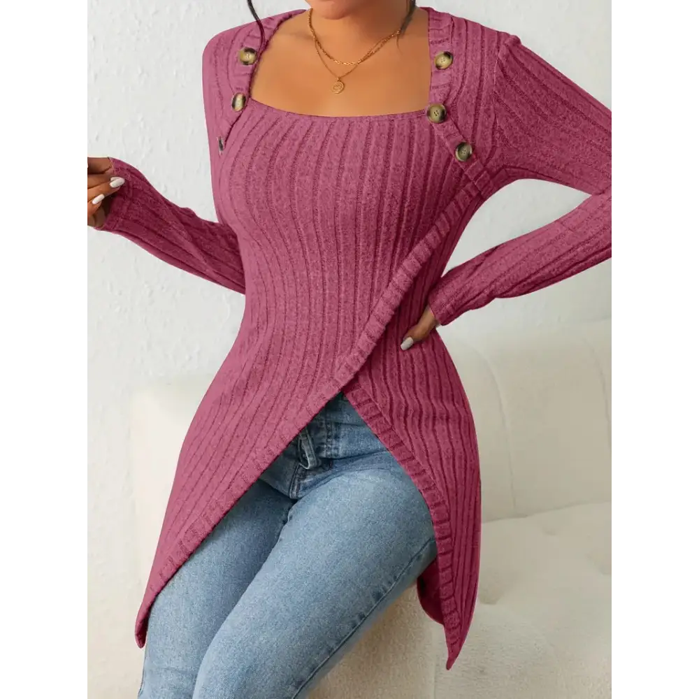 ChicSquare Knit: Women’s Buttoned Long Sleeve Top - Rose Red / S