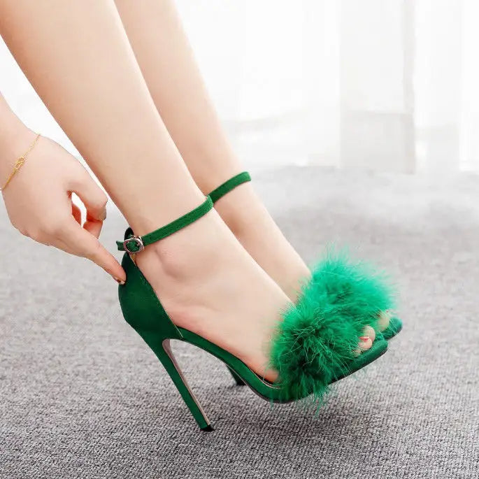 ChicStep Black Peep Toe Buckle Heels - Green J168 / 35