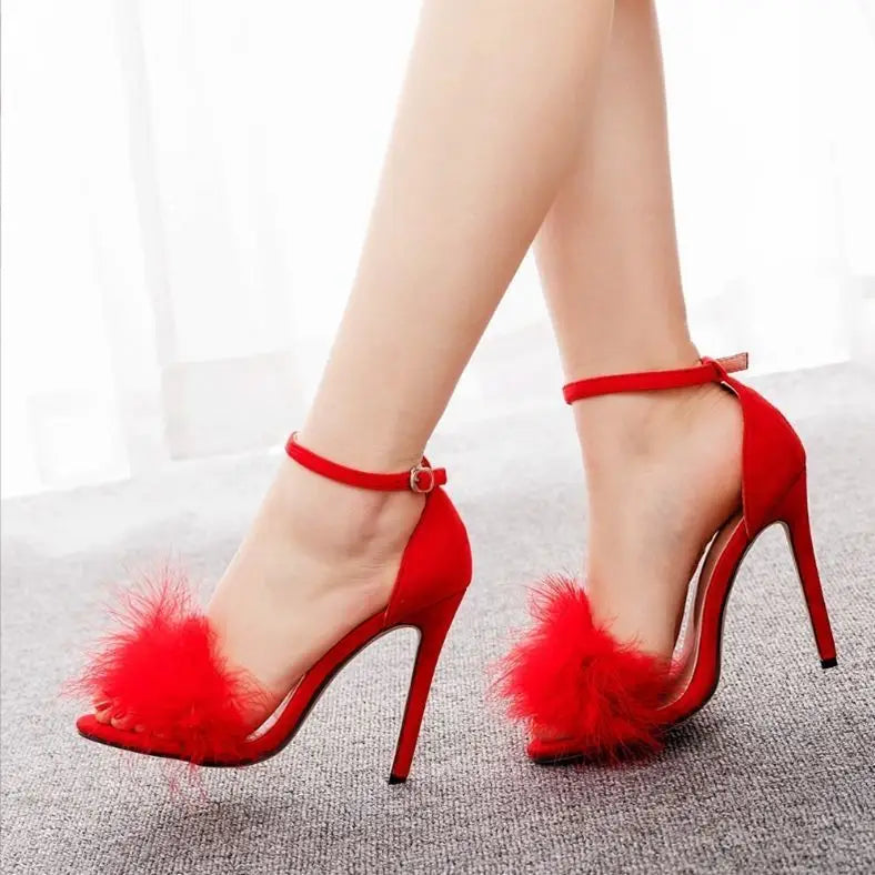ChicStep Black Peep Toe Buckle Heels - Red J168 / 35