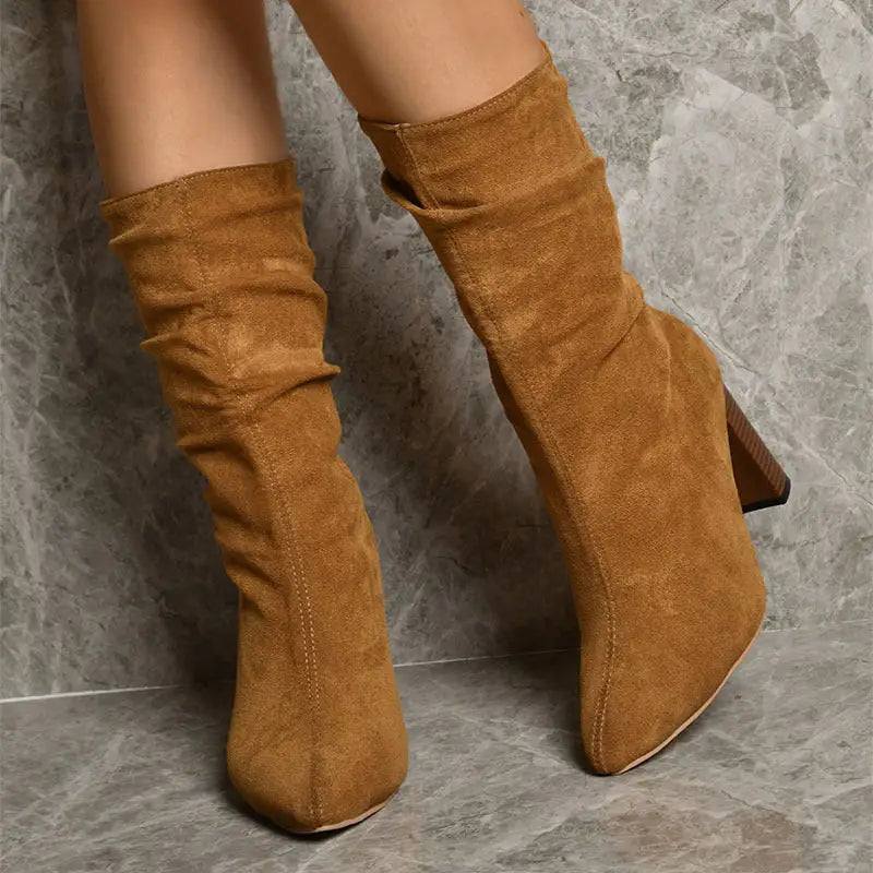 ChicStride Suede Mid-Calf Block Heels - 4
