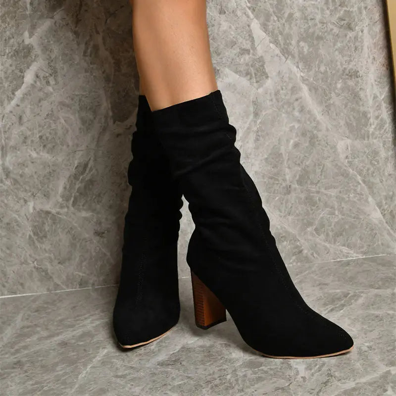 ChicStride Suede Mid-Calf Block Heels - 4