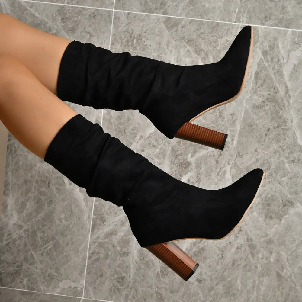 ChicStride Suede Mid-Calf Block Heels - Black / Size35 - 4