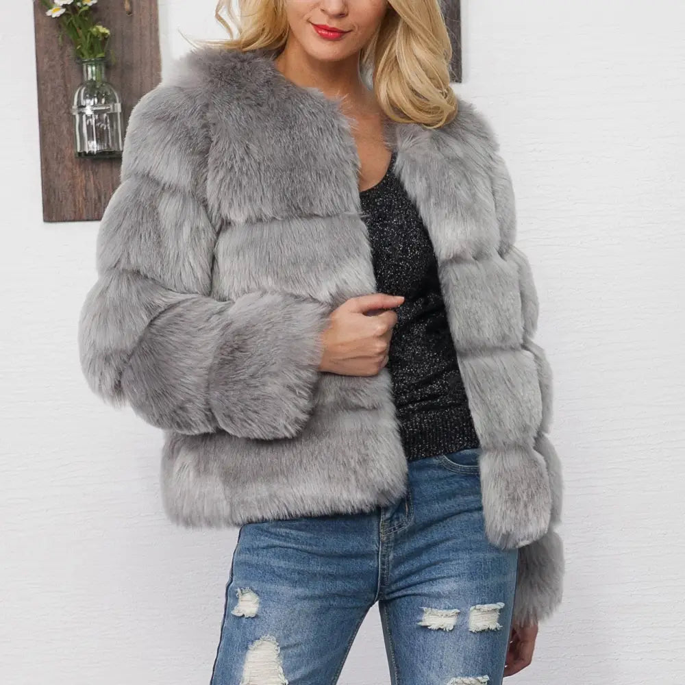 Gray faux fur jacket.