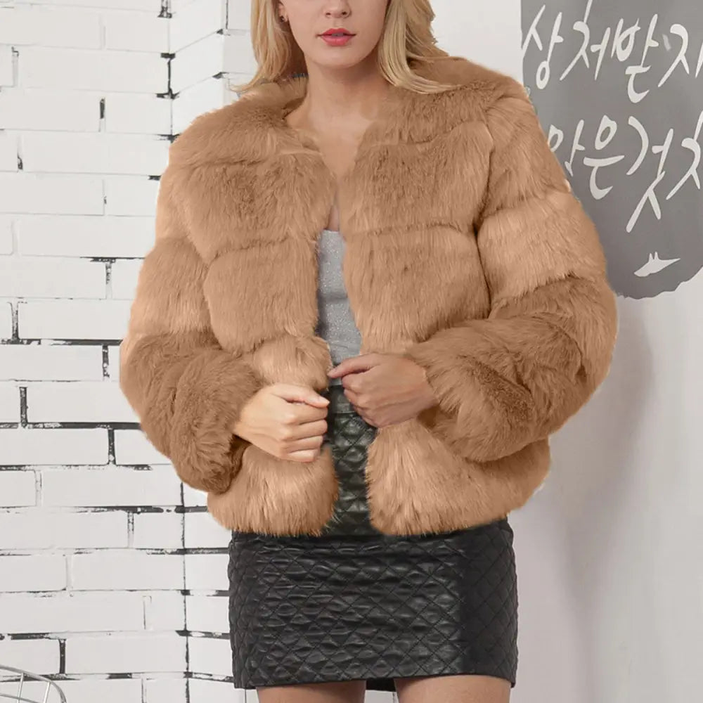Woman’s brown faux fur jacket.