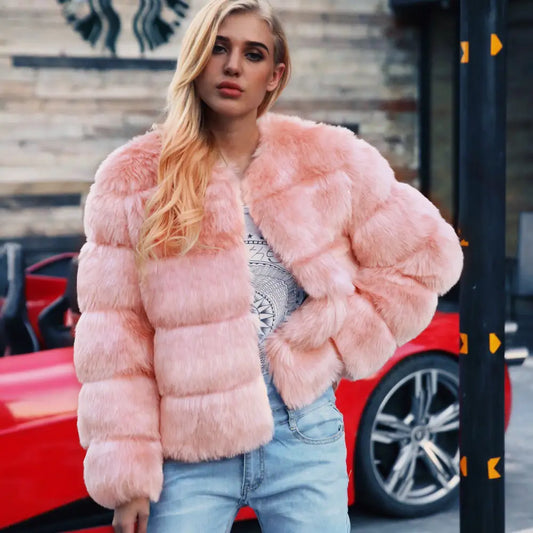 Pink faux fur jacket.