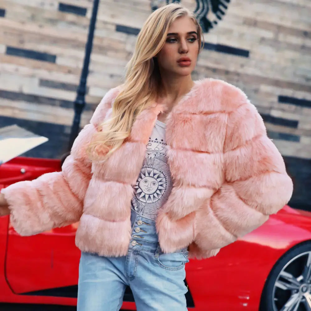 Pink faux fur jacket.