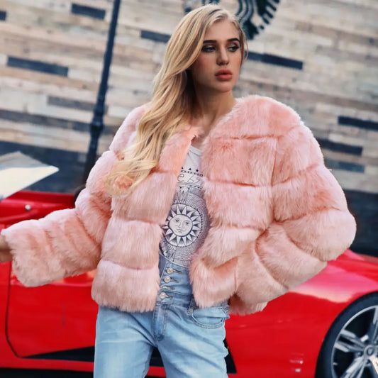 Pink faux fur jacket.
