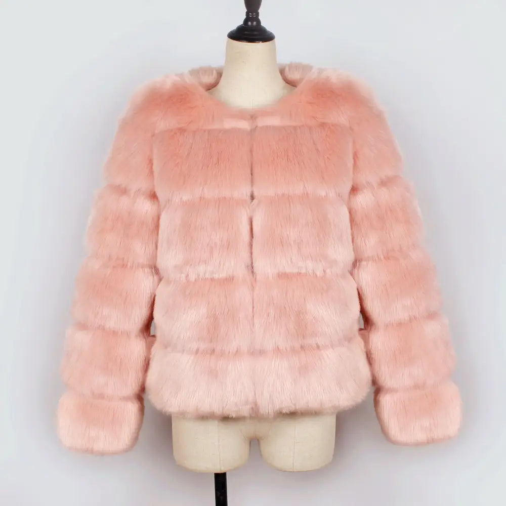 Pink faux fur jacket.