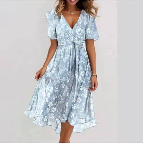 Chiffon Floral Dress - Aqua blue / L