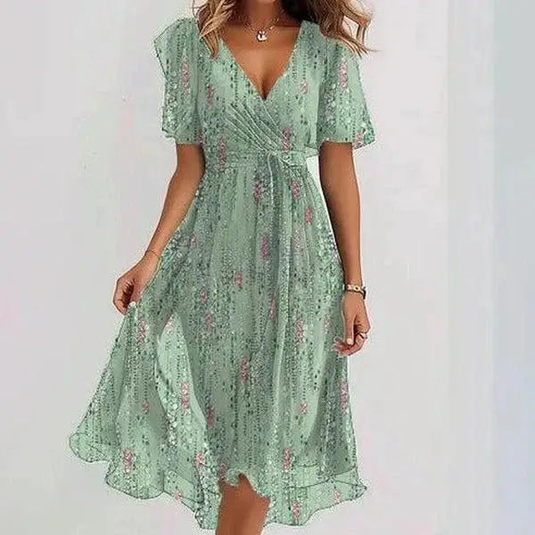 Chiffon Floral Dress - Green flower / L