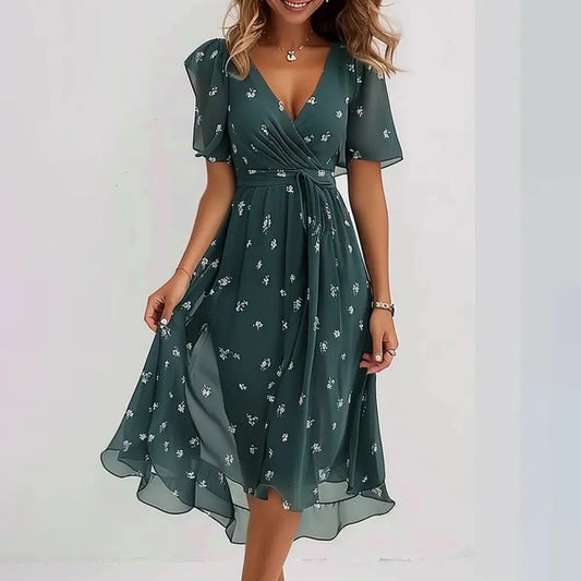 Chiffon Floral Dress - Green / S